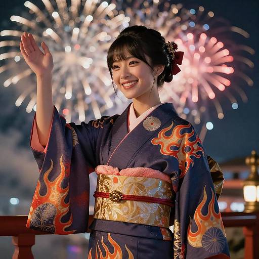 Smiling Woman in Flame Print Kimono with Fireworks