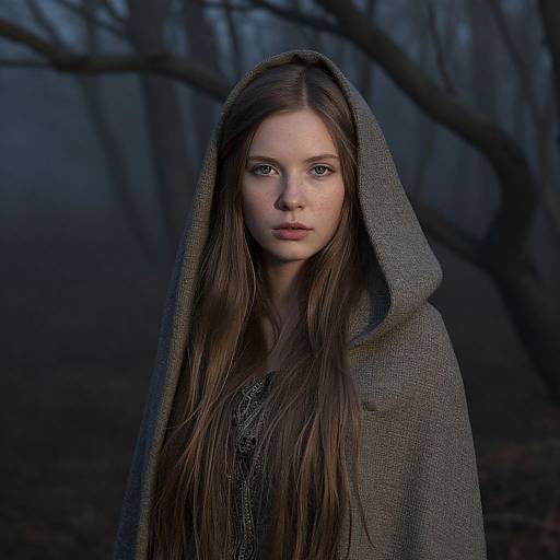 Photograph of a young woman with long brown hair, wearing a gray hooded cloak, standing in a dark, misty forest.