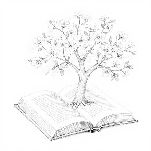 Whimsical Book Tree Line Art