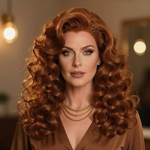 Vintage Inspired Woman with Voluminous Curly Auburn Hair
