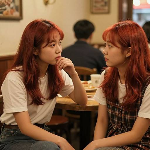 Photograph of two young Asian women with red hair, sitting at a wooden table in a cozy café, deeply engaged in conversation, wearing white shirts and