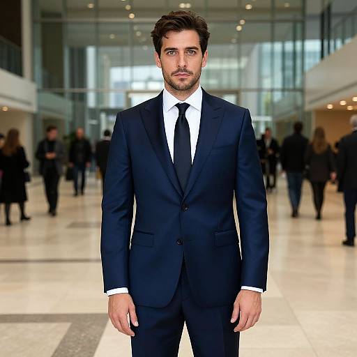 Photograph of a handsome man with dark hair and beard, wearing a black suit, white shirt, and black tie, standing in a modern, brightly