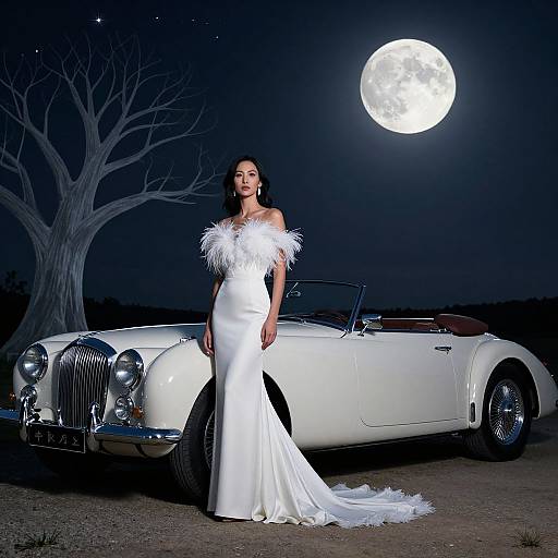 Photograph of a woman in a white, off-shoulder feathered gown standing beside a classic white convertible under a full moon, with a leaf