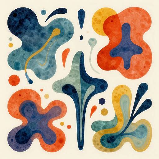 Abstract watercolor painting with four vibrant, organic shapes in blue, red, and yellow, featuring splashes and dotted textures on a white background.