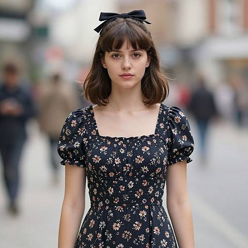 Photograph of a young woman with fair skin, brown shoulder-length hair, and bangs, wearing a black floral dress and bow headband, standing
