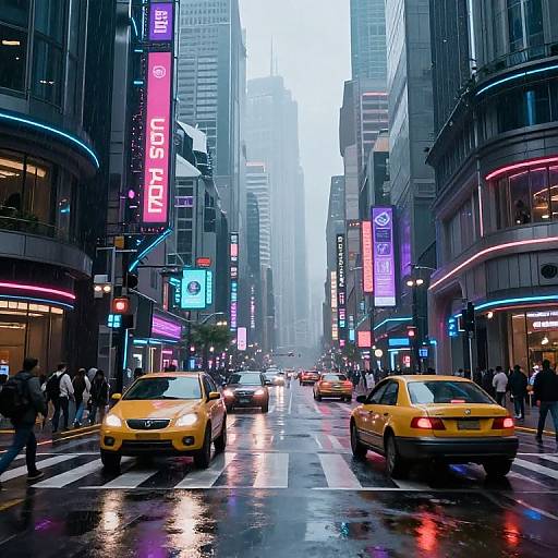 Photograph of a bustling, rainy New York City street at night, featuring neon signs, yellow taxis, and pedestrians. Rain reflects vibrant lights, creating