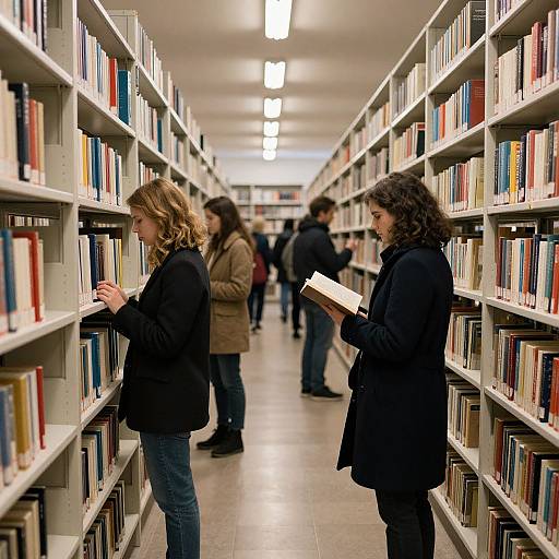Photograph of a library aisle with four people browsing bookshelves; three women in black jackets, one man in brown jacket, fluorescent lights overhead,