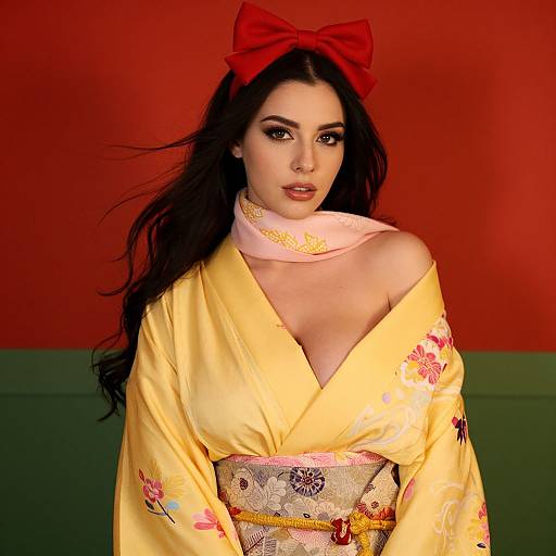 Photograph of a woman with long black hair, red bow, yellow kimono with floral patterns, pink scarf, against a red and green background.