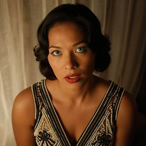 Photograph of a dark-haired woman with green eyes, wearing a beaded, vintage-style dress, against a draped beige background. She has red lipstick