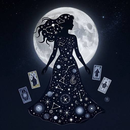 Silhouette of a woman in a starry dress, floating against a full moon, surrounded by Tarot cards, in a dark, cosmic night sky