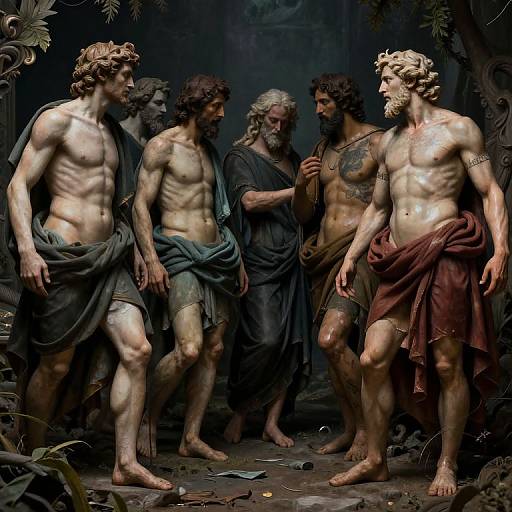 Digital art of muscular, Classical-style, shirtless men with draped cloths, in a dark, forested setting, engaging in intense conversation. Real