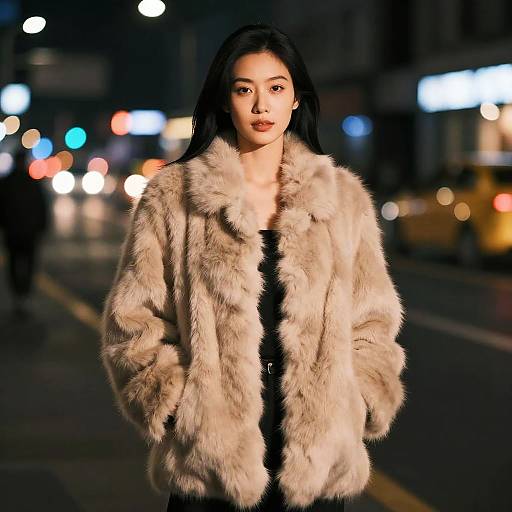 Photograph of an Asian woman with long black hair, wearing a beige fur coat, standing on a nighttime city street with blurred lights and traffic in the