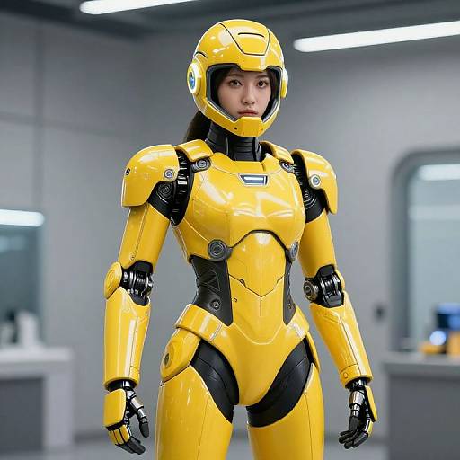 Confident Figure in Futuristic Yellow Robot Suit