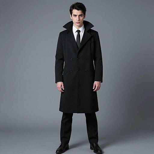 Photograph of a serious-looking man with short black hair, wearing a long black overcoat, white shirt, black tie, black pants, and black