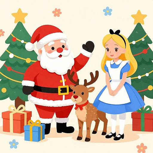 Cartoon image of Santa Claus, blonde Alice in Wonderland, and a reindeer standing by decorated Christmas trees and wrapped gifts.
