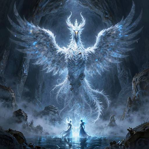 Digital fantasy artwork: A towering, ethereal, blue-white winged dragon with glowing eyes and intricate, electric-blue feathers looms over a silhou