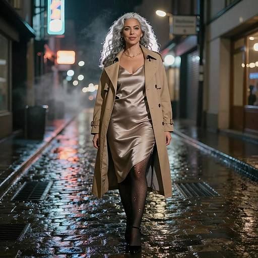 Silver-Haired Neon Night Street Editorial