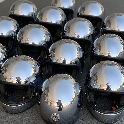 Stacked Chrome Motorcycle Helmets in Detail