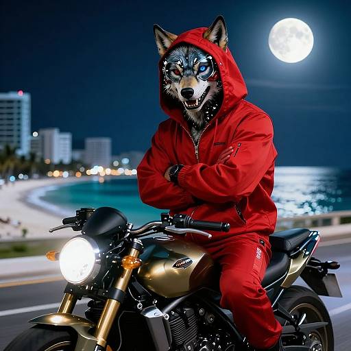 Cyberpunk Red Hood Riding Mechanical Wolf