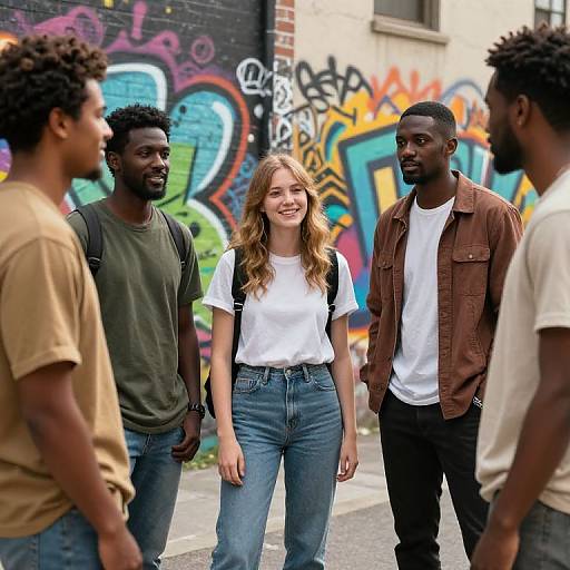 Photograph of four young adults, two Black men and two White women, standing on a graffiti-covered street, casually dressed in jeans and T-shirts,
