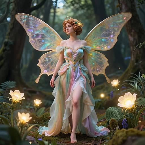 Photorealistic digital art of a fairy with iridescent wings, wearing a flowing, pastel-colored dress, standing in a magical forest surrounded by