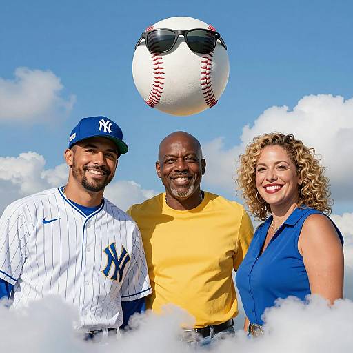 Smiling Group with Floating Baseball in Sunglasses