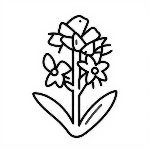 Black and white line drawing of a simple flower with three petals and two leaves, using thick, bold outlines.
