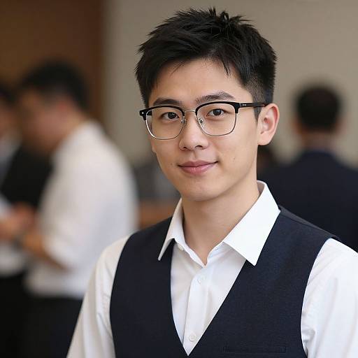 Photograph of a young Asian man with short black hair, wearing black-framed glasses, a white shirt, and black vest, smiling subtly in a