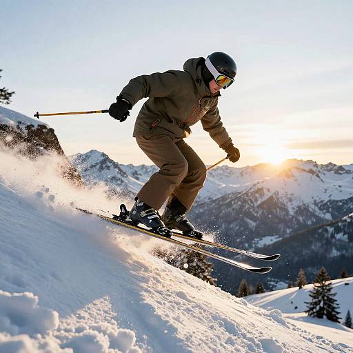 Photograph of a skier in brown gear and black helmet, carving through snow with ski poles, under a bright sunset in a mountainous, snowy