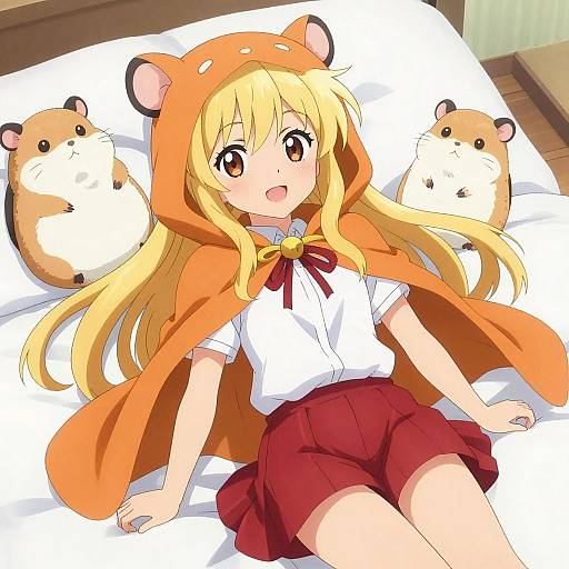 Anime girl with long blonde hair, orange hooded cape, white shirt, and red skirt, lying on bed with hamster pillows.