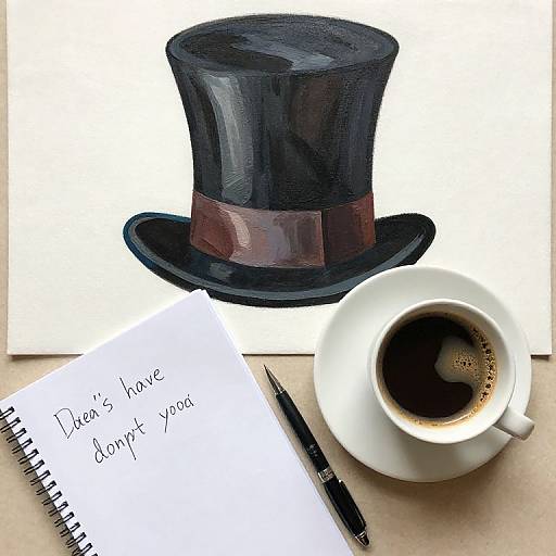 Photograph of a black top hat with red band, white coffee cup with black coffee, pen, and note reading 