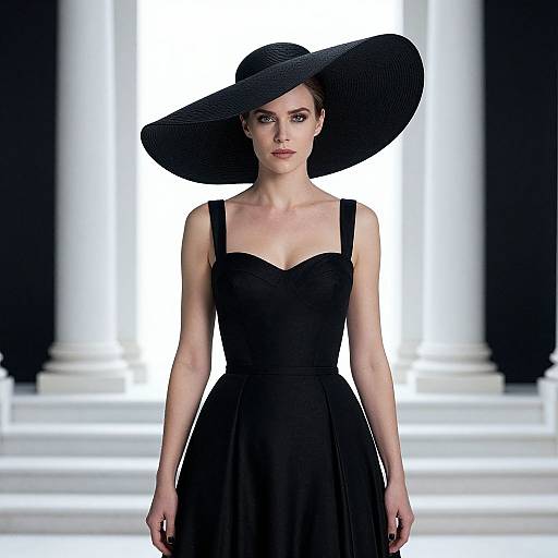 Photograph of a slender woman with fair skin wearing a black, strapless dress and large, wide-brimmed black hat, standing against a bright