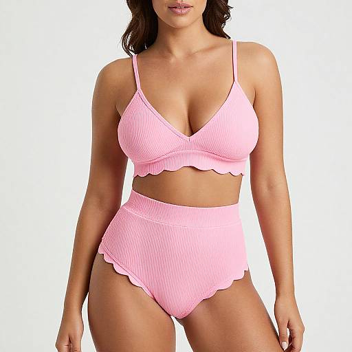 Photograph of a woman with light brown skin wearing a pink, ribbed, two-piece bikini with scalloped edges, against a white background.