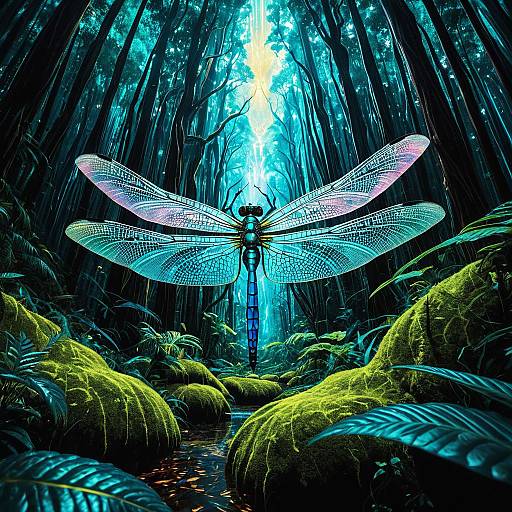 Iridescent Dragonfly in Neon Rainforest