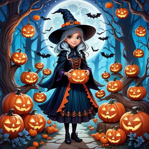 Whimsical Halloween Scene with a Young Witch