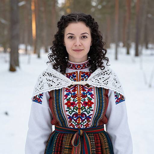 Photograph of a smiling woman with curly black hair, wearing a traditional colorful embroidered dress and white lace shawl, standing in a snowy forest.