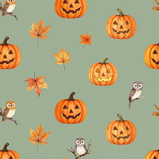 Seamless pattern of orange carved pumpkins, autumn leaves, and cute owls on light green background, digital illustration style.