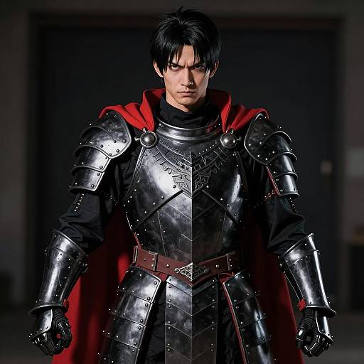 Cosplayer in Detailed Black Armor with Red Cape
