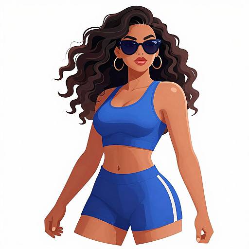 Digital illustration of a confident woman with long, wavy black hair, wearing blue sports bra and shorts, large hoop earrings, and dark sunglasses, standing