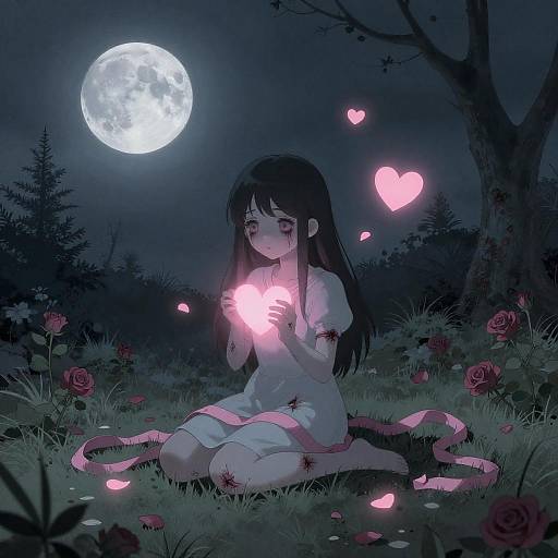 Moonlit Undead Girl with Glowing Hearts