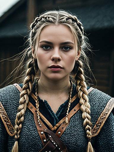 Photorealistic CGI of a young blonde woman with braided hair, wearing a medieval-style gray knit dress with brown leather straps, standing against a dark