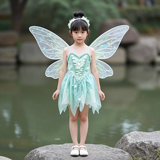 Photograph of an Asian girl with black hair in a bun, wearing a light blue fairy dress, white wings, and white shoes, standing on a