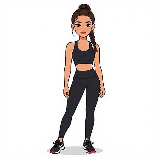 Digital illustration of a fit woman with brown hair in a ponytail, wearing a black sports bra, high-waisted leggings, and sneakers, standing
