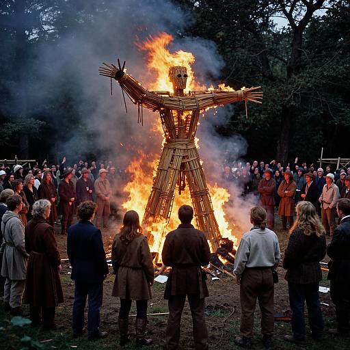 Photograph of a wooden effigy on fire, surrounded by a crowd in period clothing, with smoke and trees in the background.