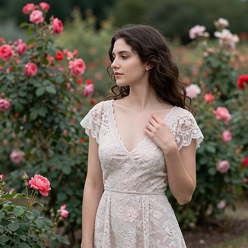 Photograph of a young woman with long dark hair, wearing a white lace dress, standing in a garden with blooming red and pink roses. She