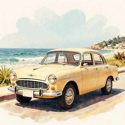 Vintage Car Coastal Watercolor Illustration