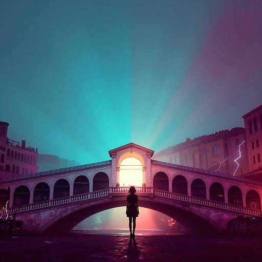 Photograph of a silhouetted figure standing on a foggy, neon-lit arched bridge with vibrant blue and pink lights, lightning in