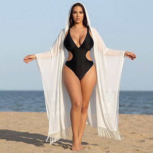 Photograph of a curvy woman with long dark hair, wearing a black cutout one-piece swimsuit and white shawl, walking on a sunny