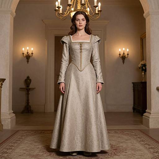 Photograph of a woman with long brown hair in an elegant, silver, medieval-style gown with square neckline and puffed sleeves, standing in an op