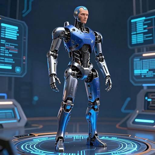 CGI image of a metallic, blue and silver humanoid robot standing on a glowing circular platform in a futuristic, dark blue-tech lab.
